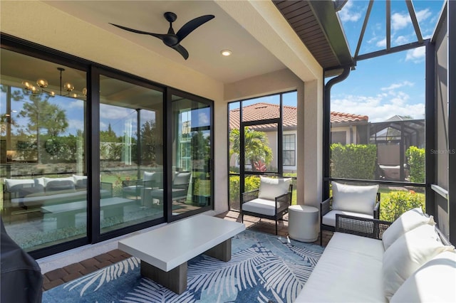 15752 Sacile Ln, Bradenton, FL 34211 - sunroom / solarium with an outdoor living space and a ceiling fan