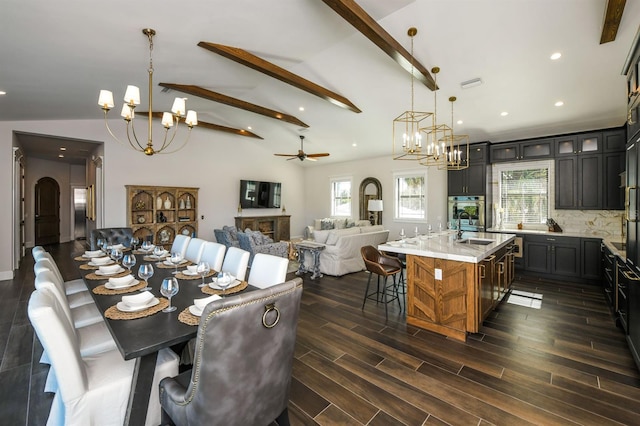 340 Jackson Dr, Sarasota, FL 34236 - dining space featuring a chandelier, ceiling fan, dark wood finished floors, and recessed lighting