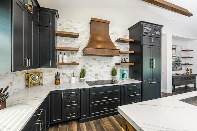 340 Jackson Dr, Sarasota, FL 34236 - kitchen featuring open shelves, premium range hood, black electric stovetop, and dark cabinets