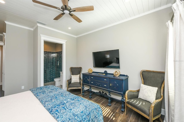 340 Jackson Dr, Sarasota, FL 34236 - bedroom with wood finished floors, recessed lighting, ornamental molding, connected bathroom, and ceiling fan