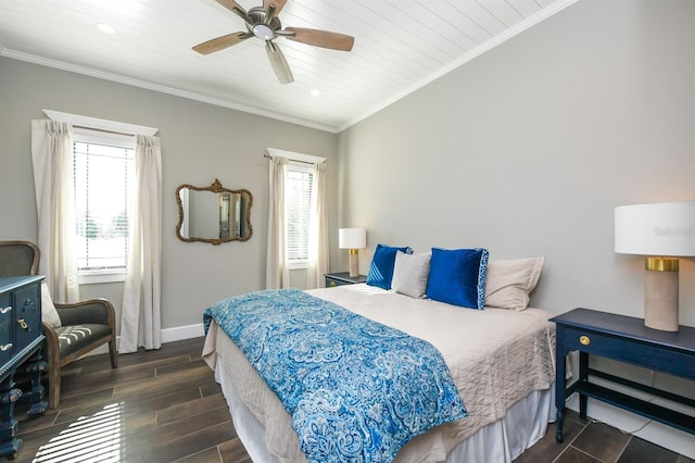 340 Jackson Dr, Sarasota, FL 34236 - bedroom with dark wood-style flooring, ornamental molding, baseboards, ceiling fan, and recessed lighting