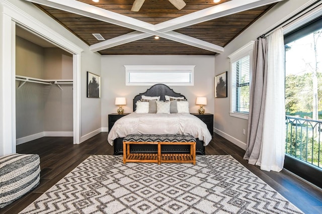340 Jackson Dr, Sarasota, FL 34236 - bedroom featuring wood ceiling with exposed beams, baseboards, dark wood-style flooring, a closet, and ceiling fan
