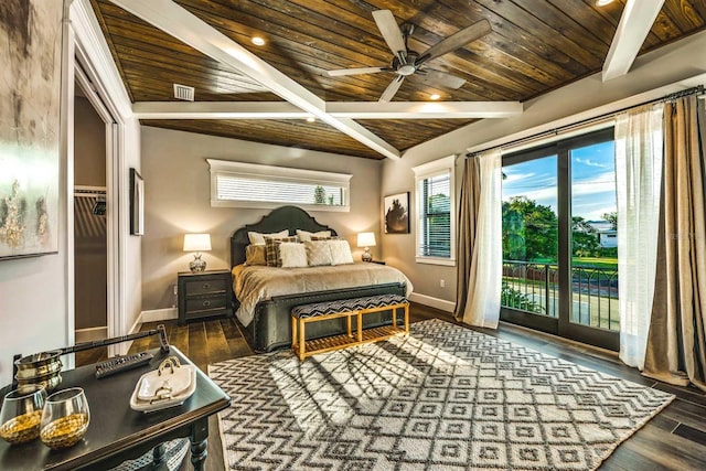 340 Jackson Dr, Sarasota, FL 34236 - bedroom with wood ceiling with exposed beams, access to exterior, wood finished floors, baseboards, and a ceiling fan