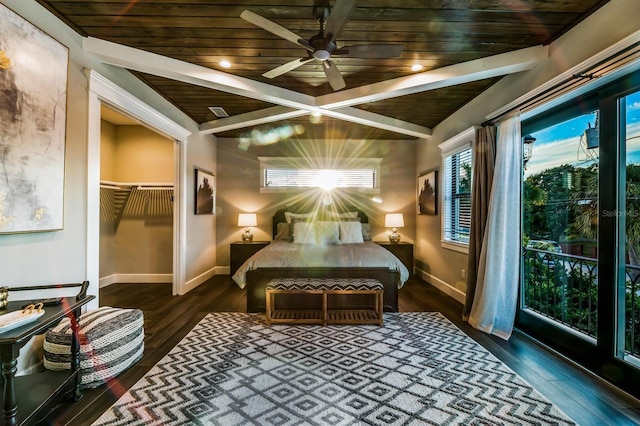 340 Jackson Dr, Sarasota, FL 34236 - bedroom featuring wood ceiling, baseboards, wood finished floors, and a ceiling fan