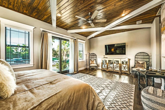 340 Jackson Dr, Sarasota, FL 34236 - bedroom with wood-type flooring, wood ceiling, multiple windows, baseboards, and a ceiling fan