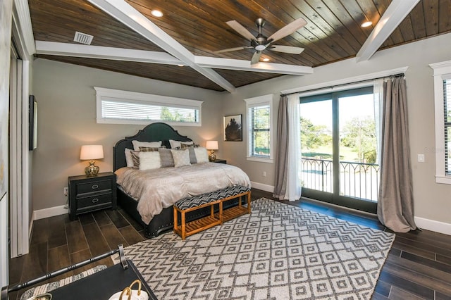 340 Jackson Dr, Sarasota, FL 34236 - bedroom featuring access to exterior, baseboards, wooden ceiling with exposed beams, wood finished floors, and recessed lighting