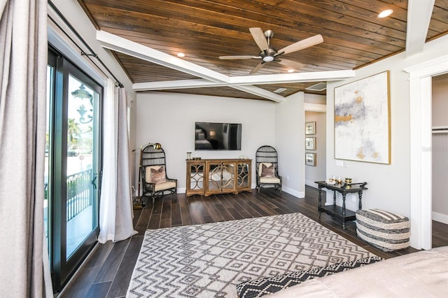 340 Jackson Dr, Sarasota, FL 34236 - bedroom featuring dark wood-style floors, baseboards, wood ceiling, and access to outside