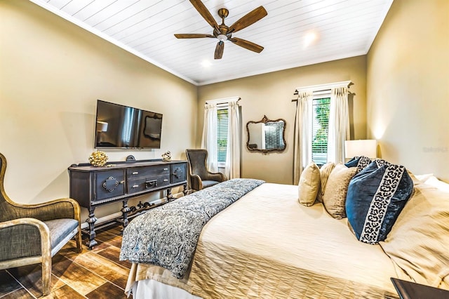 340 Jackson Dr, Sarasota, FL 34236 - bedroom featuring wood finished floors, crown molding, wooden ceiling, and a ceiling fan
