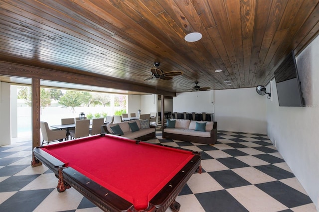 340 Jackson Dr, Sarasota, FL 34236 - playroom featuring tile patterned floors, billiards table, ceiling fan, and wooden ceiling