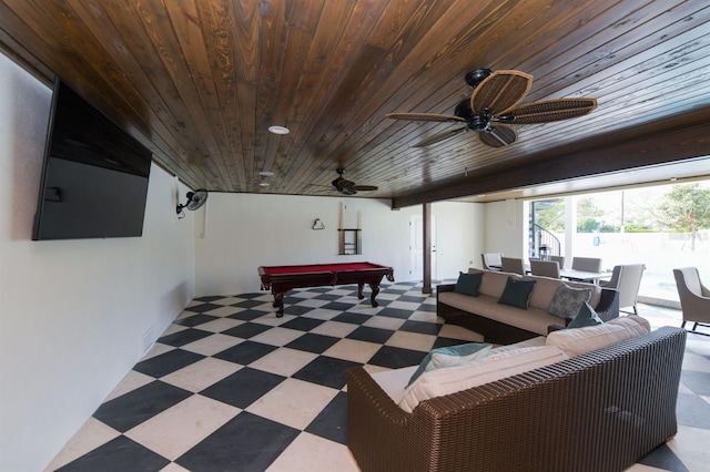 340 Jackson Dr, Sarasota, FL 34236 - playroom with tile patterned floors, billiards table, wood ceiling, and a ceiling fan
