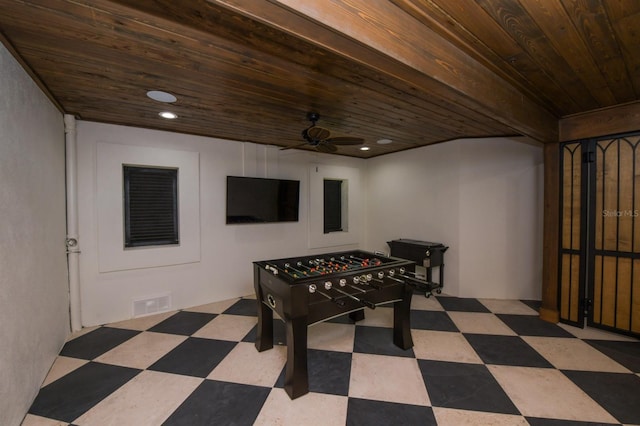 340 Jackson Dr, Sarasota, FL 34236 - game room with wooden ceiling, tile patterned floors, and a ceiling fan