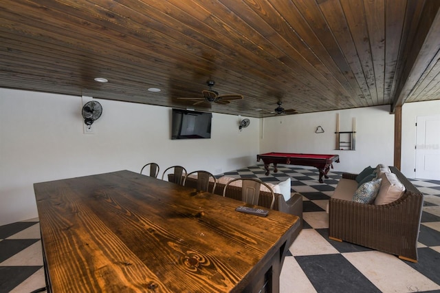 340 Jackson Dr, Sarasota, FL 34236 - dining space featuring tile patterned floors, pool table, wood ceiling, and a ceiling fan