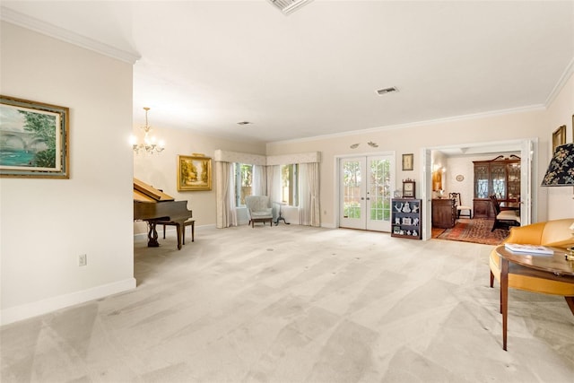 1671 S Dr, Sarasota, FL 34239 - sitting room with french doors, light colored carpet, ornamental molding, a chandelier, and baseboards