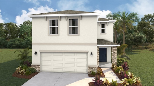 3215 Bitterroot Ln, Lakewood Ranch, FL 34211 - view of front of home with stone siding, a garage, driveway, a front yard, and a shingled roof