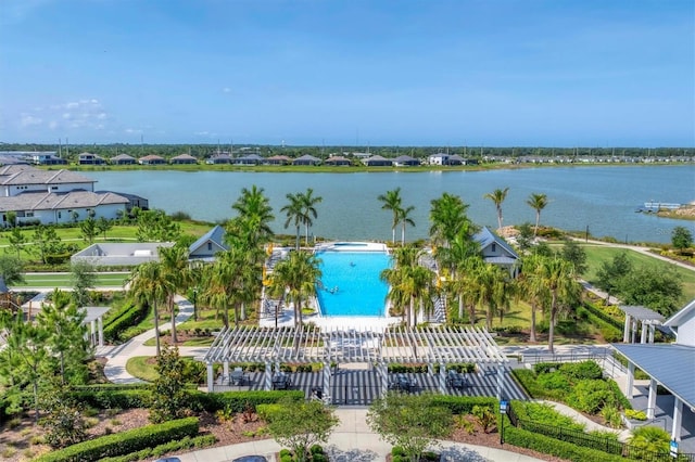 8069 Tidal Pointe Way, Sarasota, FL 34240 - bird's eye view of a pool area and a nearby body of water