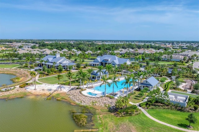 8069 Tidal Pointe Way, Sarasota, FL 34240 - aerial perspective of suburban area featuring a pool area and a nearby body of water