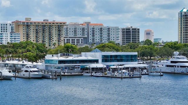 301 Quay Commons Unit 1208, Sarasota, FL 34236 - water view with nearby urban area and a boat dock