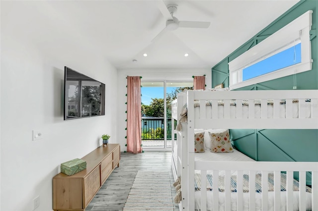 5219 Calle Menorca, Sarasota, FL 34242 - bedroom with access to exterior, recessed lighting, wood finished floors, and a ceiling fan