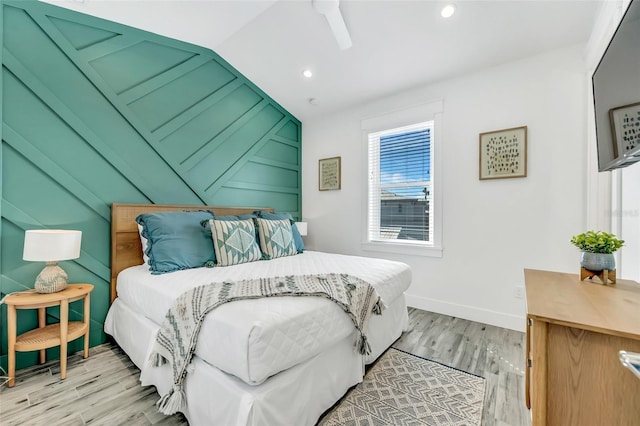 5219 Calle Menorca, Sarasota, FL 34242 - bedroom featuring light wood-type flooring, baseboards, recessed lighting, lofted ceiling, and ceiling fan