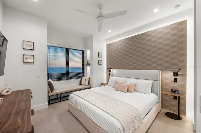 100 6th St S, Bradenton Beach, FL 34217 - bedroom featuring wallpapered walls, an accent wall, baseboards, recessed lighting, and ceiling fan