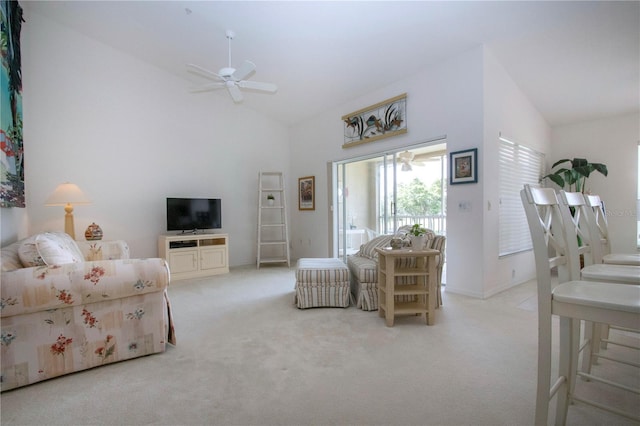 5330 Hyland Hills Ave Unit 2324, Sarasota, FL 34241 - living area featuring a ceiling fan, carpet, high vaulted ceiling, and baseboards