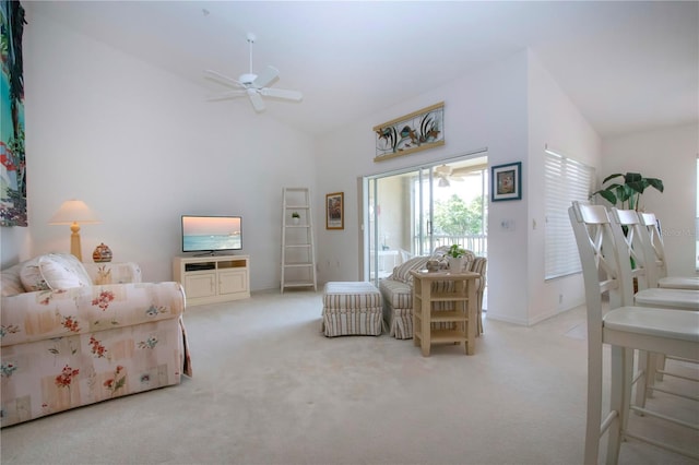 5330 Hyland Hills Ave Unit 2324, Sarasota, FL 34241 - carpeted living area with a ceiling fan, high vaulted ceiling, and baseboards