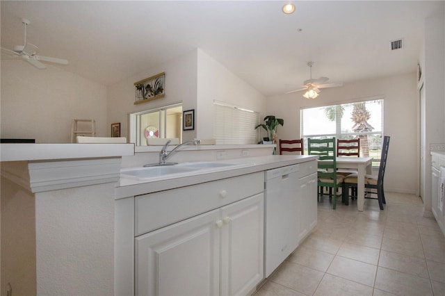 5330 Hyland Hills Ave Unit 2324, Sarasota, FL 34241 - kitchen featuring vaulted ceiling, ceiling fan, white dishwasher, a sink, and light countertops