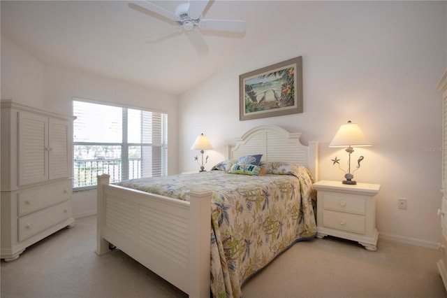 5330 Hyland Hills Ave Unit 2324, Sarasota, FL 34241 - bedroom with light carpet, baseboards, lofted ceiling, and ceiling fan