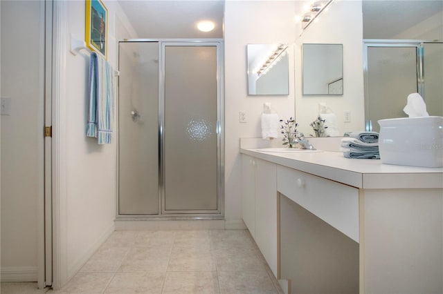 5330 Hyland Hills Ave Unit 2324, Sarasota, FL 34241 - bathroom featuring vanity, a stall shower, baseboards, and tile patterned flooring