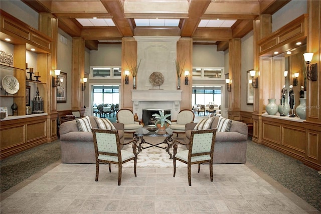5330 Hyland Hills Ave Unit 2324, Sarasota, FL 34241 - living room featuring coffered ceiling, plenty of natural light, beam ceiling, a high ceiling, and a fireplace
