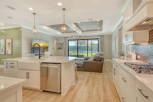 1919 Woodleaf Hammock Ct, Bradenton, FL 34211 - kitchen featuring appliances with stainless steel finishes, open floor plan, a sink, premium range hood, and light wood finished floors