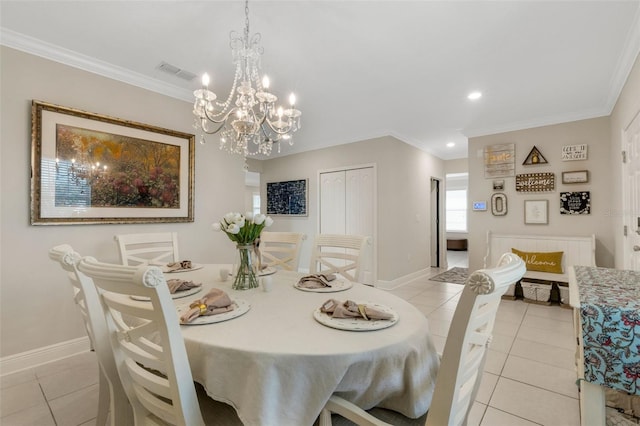 2332 Mizner Bay Ave, Bradenton, FL 34208 - dining area featuring light tile patterned flooring, ornamental molding, a chandelier, and recessed lighting