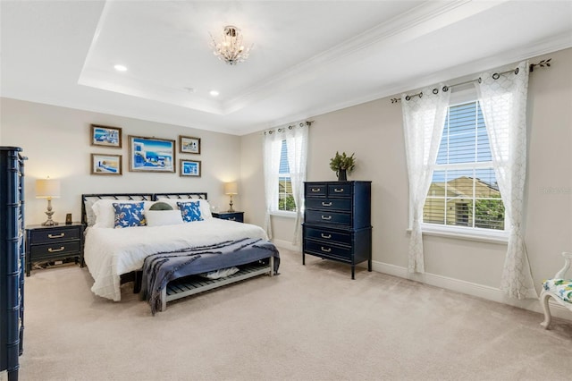 2332 Mizner Bay Ave, Bradenton, FL 34208 - bedroom with carpet, crown molding, a raised ceiling, a chandelier, and recessed lighting