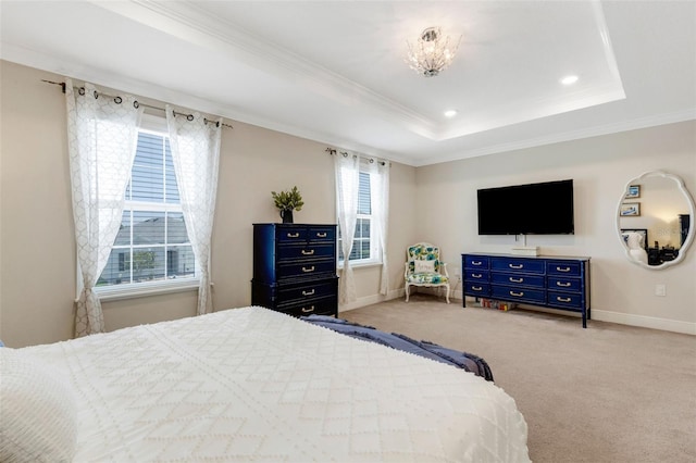2332 Mizner Bay Ave, Bradenton, FL 34208 - bedroom with crown molding, a tray ceiling, carpet floors, recessed lighting, and a chandelier