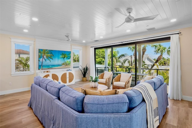 135 Avenida Veneccia, Sarasota, FL 34242 - living room with a ceiling fan, crown molding, light wood-type flooring, and recessed lighting