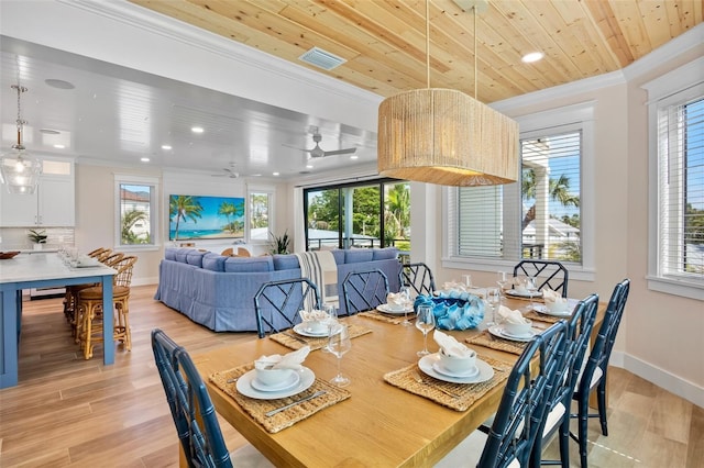 135 Avenida Veneccia, Sarasota, FL 34242 - dining space featuring ornamental molding, healthy amount of natural light, recessed lighting, light wood-type flooring, and wood ceiling