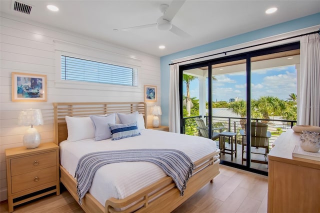 135 Avenida Veneccia, Sarasota, FL 34242 - bedroom featuring access to outside, light wood-style floors, wooden walls, ceiling fan, and recessed lighting