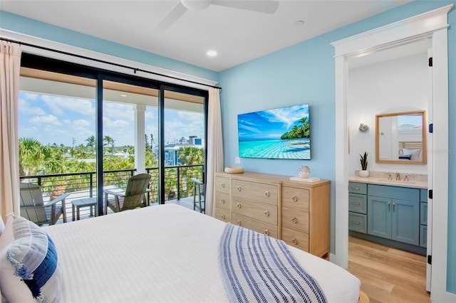 135 Avenida Veneccia, Sarasota, FL 34242 - bedroom featuring access to exterior, light wood-style flooring, ensuite bath, recessed lighting, and a ceiling fan