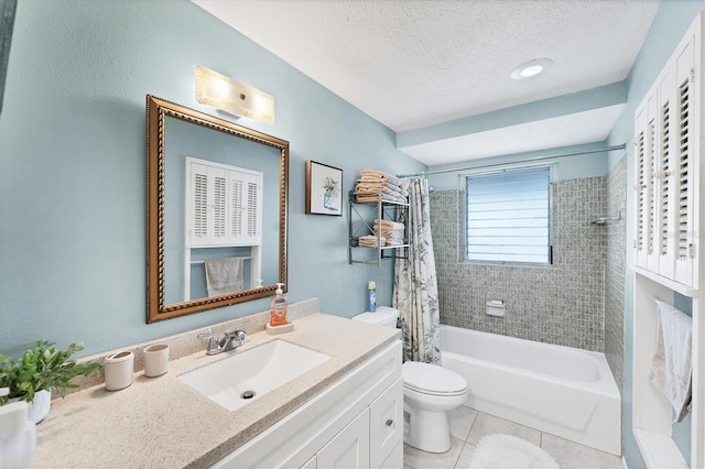 4535 Maceachen Blvd, Sarasota, FL 34233 - full bathroom featuring vanity, shower / tub combo, toilet, tile patterned flooring, and a textured ceiling