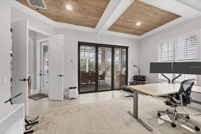 8312 Catamaran Cir, Lakewood Ranch, FL 34202 - office area with wood ceiling with exposed beams, light wood-style floors, recessed lighting, and baseboards