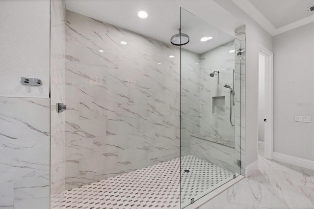 8312 Catamaran Cir, Lakewood Ranch, FL 34202 - bathroom featuring a marble finish shower, marble finish floors, recessed lighting, and baseboards