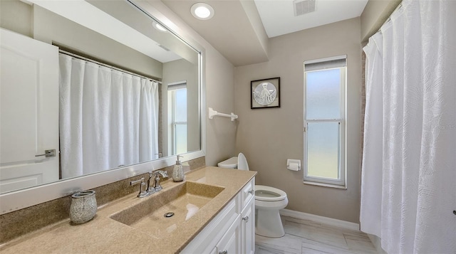 5698 Country Walk Ln, Sarasota, FL 34233 - bathroom with vanity, toilet, marble finish floors, baseboards, and curtained shower