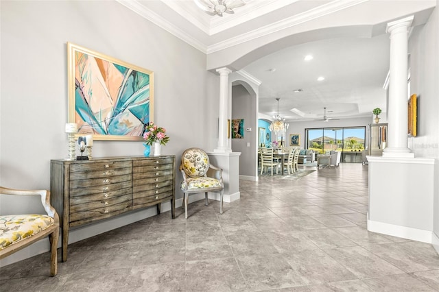 5011 Tivoli Run, Bradenton, FL 34211 - sitting room featuring decorative columns, ornamental molding, arched walkways, baseboards, and recessed lighting