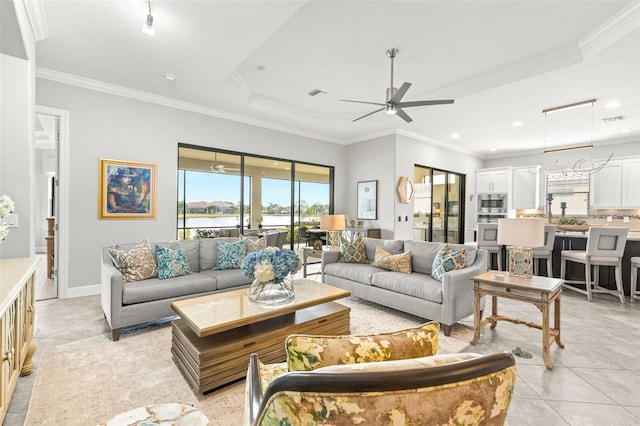 5011 Tivoli Run, Bradenton, FL 34211 - living area featuring plenty of natural light, a ceiling fan, light tile patterned flooring, ornamental molding, and recessed lighting