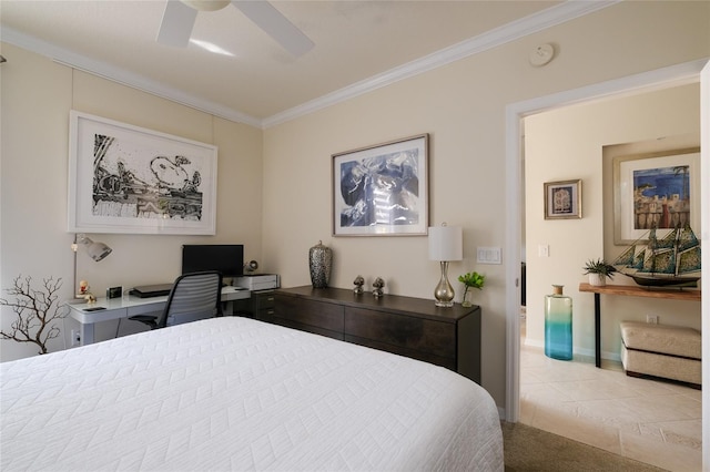 7155 Boca Grove Pl Unit 202, Lakewood Ranch, FL 34202 - bedroom featuring crown molding, an office area, light tile patterned flooring, and ceiling fan