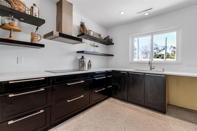 130 N Adams Dr, Sarasota, FL 34236 - kitchen with open shelves, range hood, a sink, black electric stovetop, and light countertops
