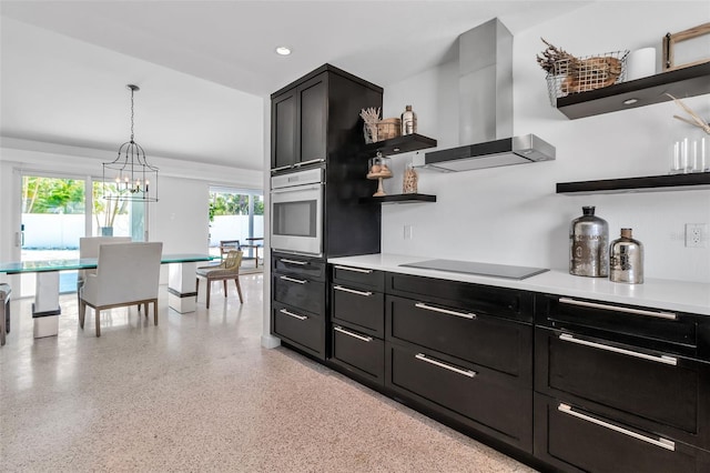 130 N Adams Dr, Sarasota, FL 34236 - kitchen featuring open shelves, black electric cooktop, wall chimney range hood, stainless steel oven, and dark cabinetry