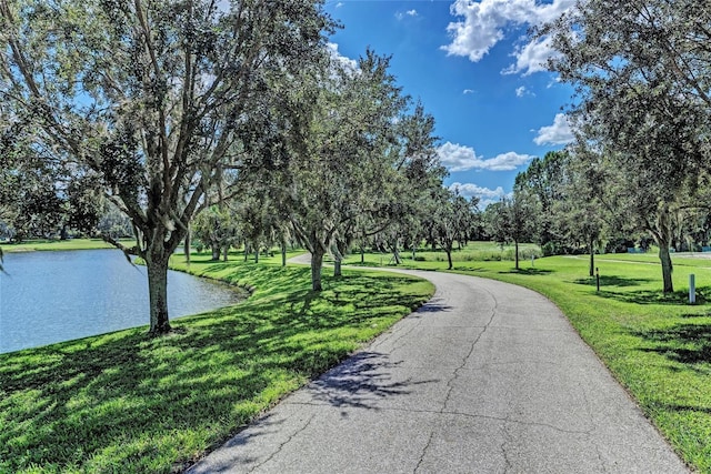 1219 Thornbury Dr, Parrish, FL 34219 - view of property's community featuring a yard, a water view, curved driveway, and view of wooded area