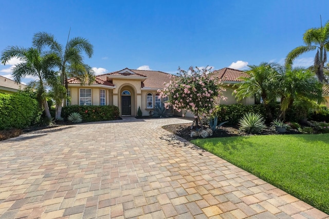 9719 Discovery Ter, Bradenton, FL 34212 - mediterranean / spanish home featuring stucco siding, decorative driveway, a tile roof, and a front lawn