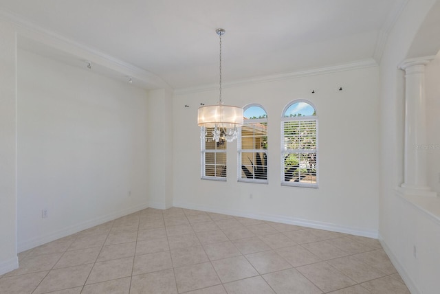 9719 Discovery Ter, Bradenton, FL 34212 - unfurnished room with ornamental molding, a chandelier, decorative columns, and light tile patterned floors
